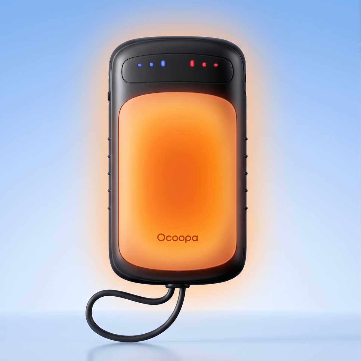 Ocoopa DuoHeat handwarmer met oplichtend warmteoppervlak dat de dubbelzijdige verwarming toont